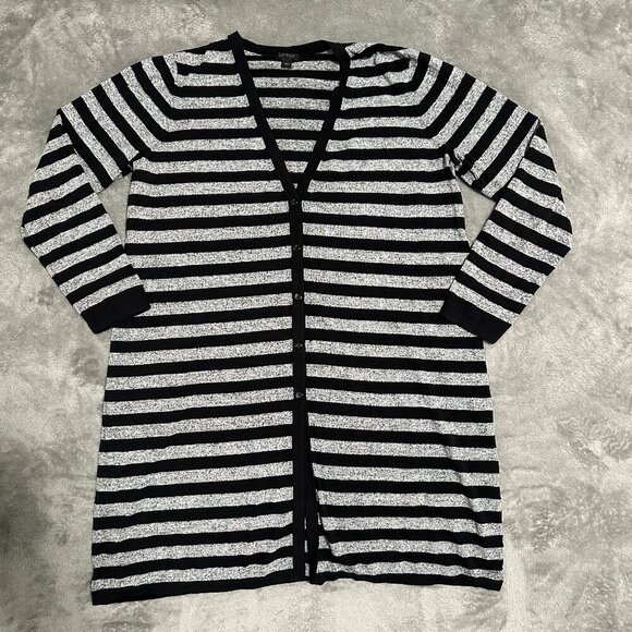 J. Jill Wearever Collection Gray Black Long Line Striped Cardigan Women's LARGE - Picture 1 of 7